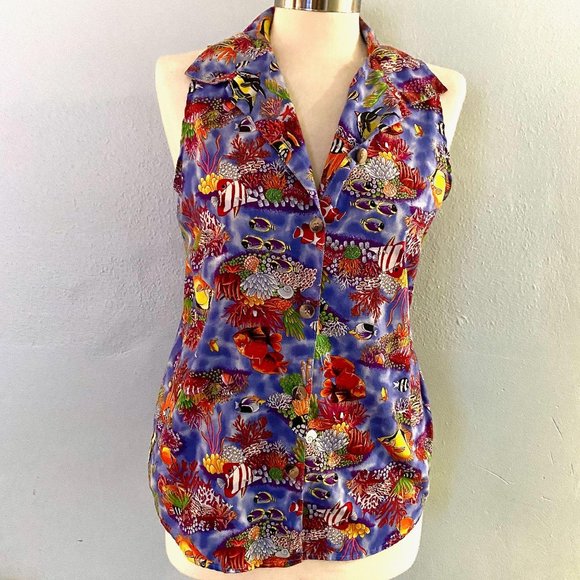 1980s Tropical Fish Sleeveless Collar Top - Picture 3 of 4